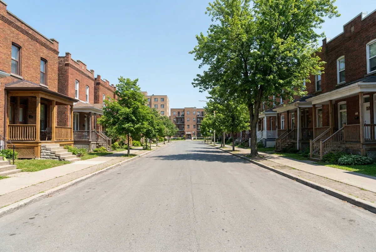Walkable neighborhood of brick homes near a small downtown