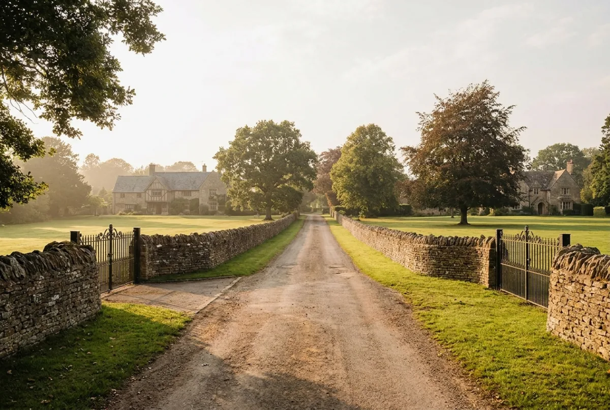 Estate homes behind stone walls