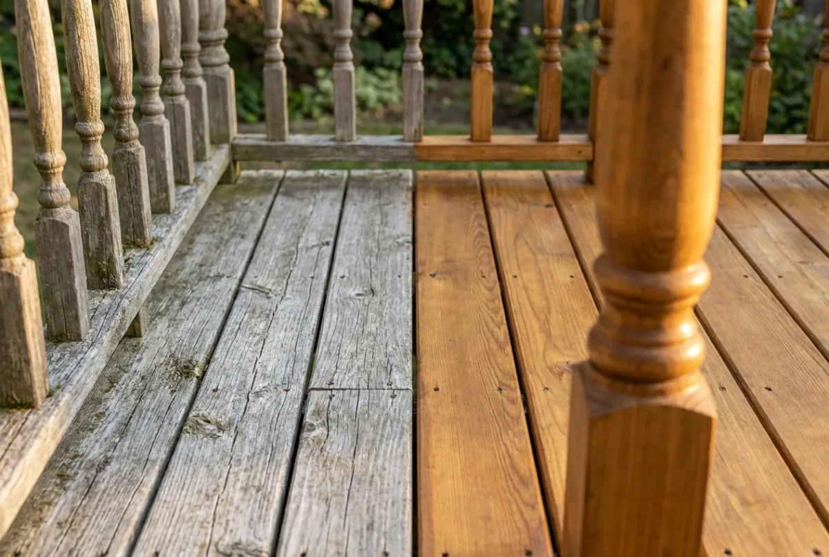 Cedar deck boards and balusters, half weathered grey and half freshly stained