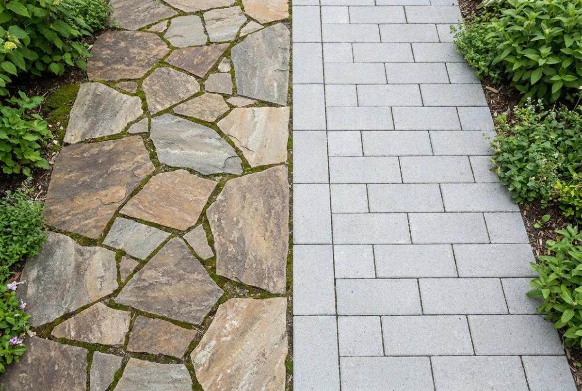Flagstone beside concrete pavers