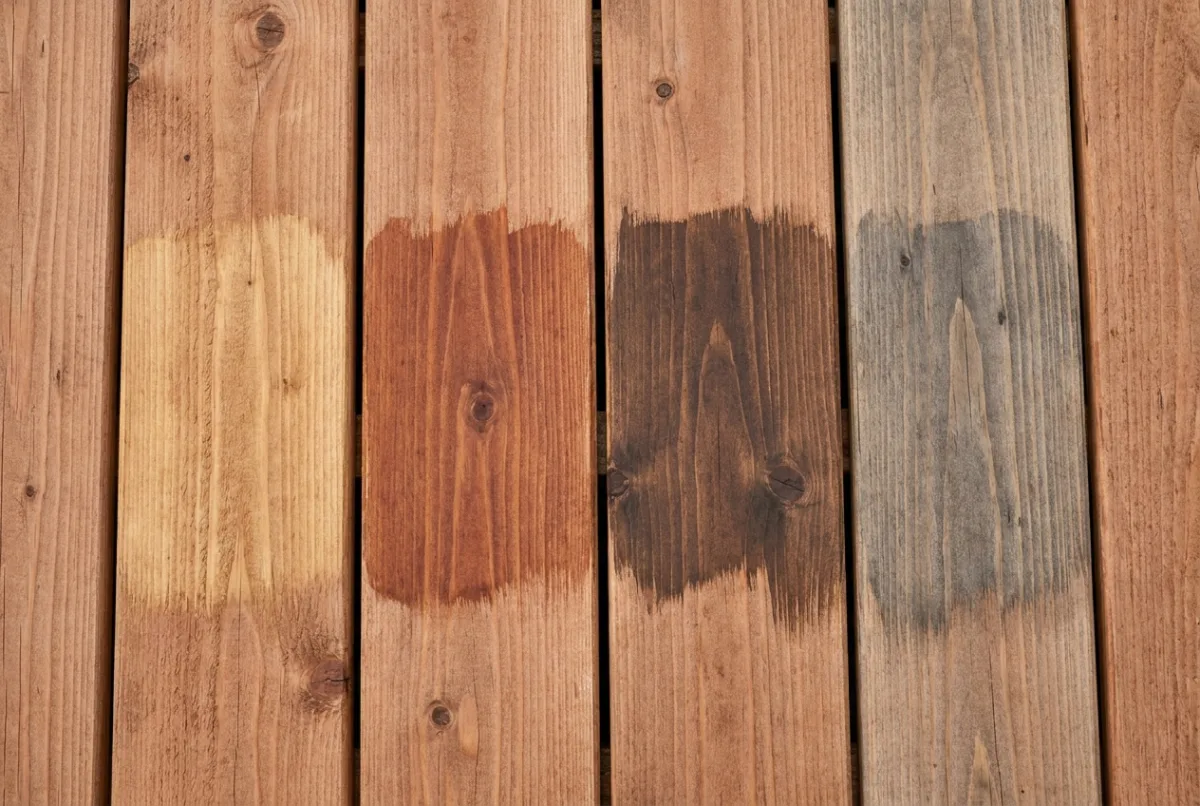 Deck stain color samples brushed onto bare cedar