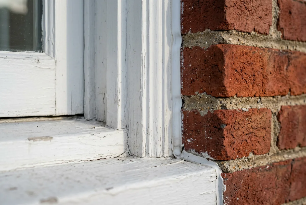 Painted wood trim detail beside brick